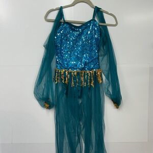 Curtain Call Dance Costume Child Large Teal Good Sequin Fringe Mesh E833
